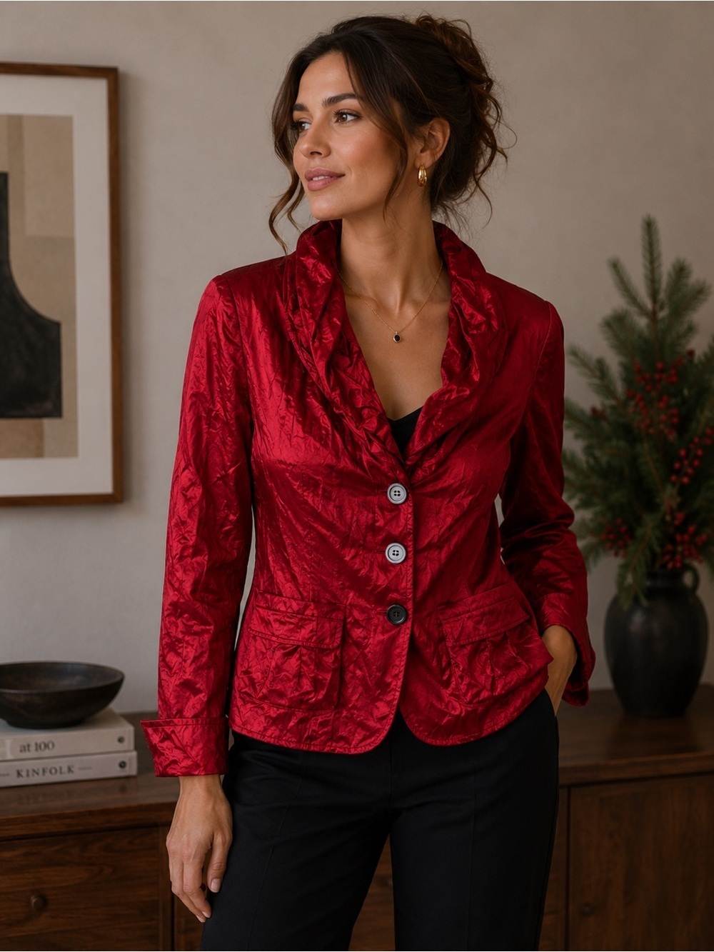 Joseph Ribkoff Red Crinkle Satin Blazer Size XS S Evening Holiday Festive Dressy